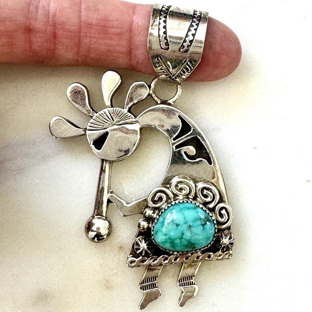 Navajo Kokopelli Pendant Turquoise 2.75" Sterling Signed Mariano Native American